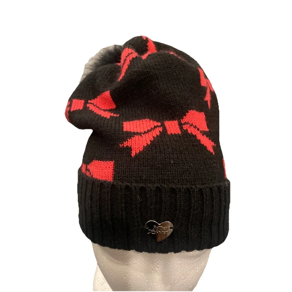 Betsey‎ Johnson Beanie Gorpcore Whimsigoth Pink Black Bows Knit Hat Pom Pom
